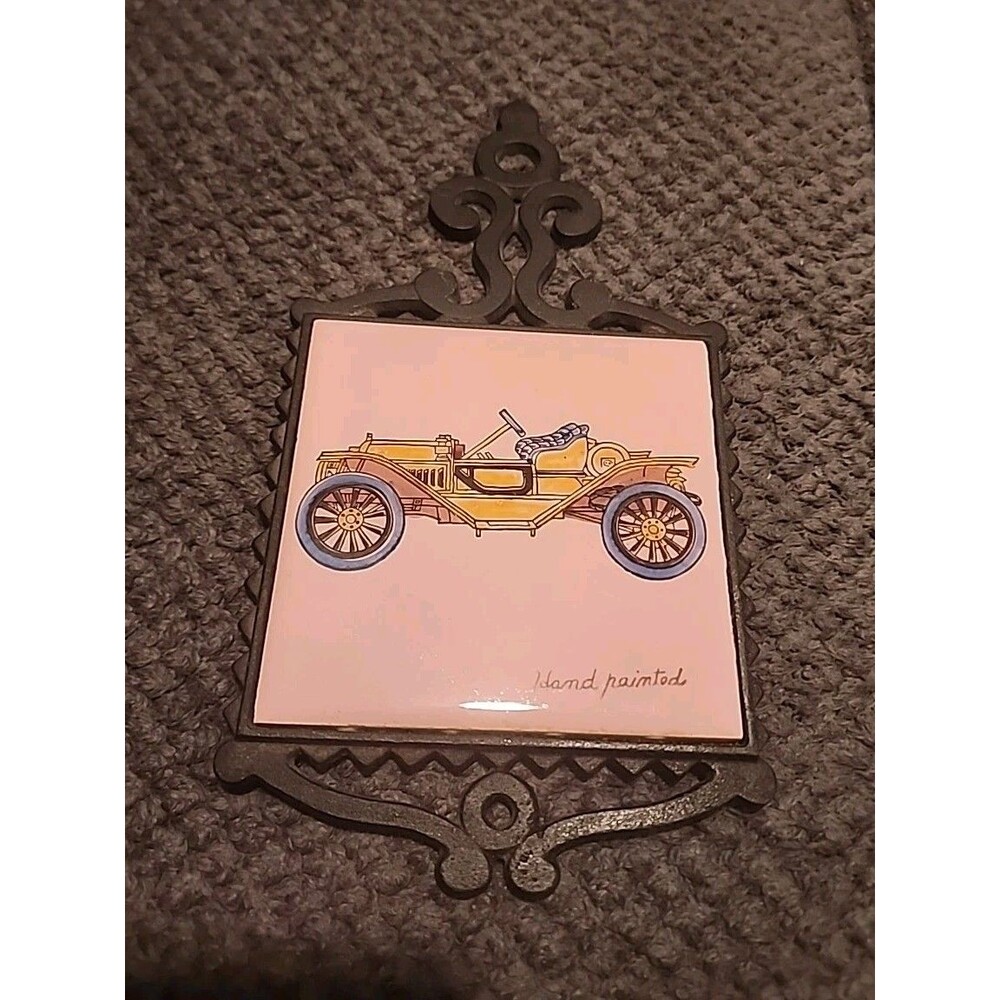 Vintage Crown Tile Trivet 9.5" Cast Iron Handpainted Car Japan 1950's